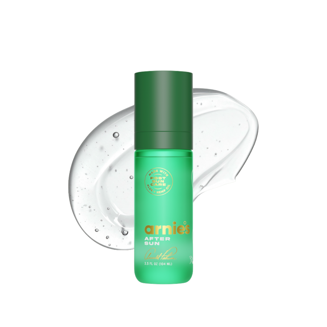 Green bottle of Arnies after sun product on a white background