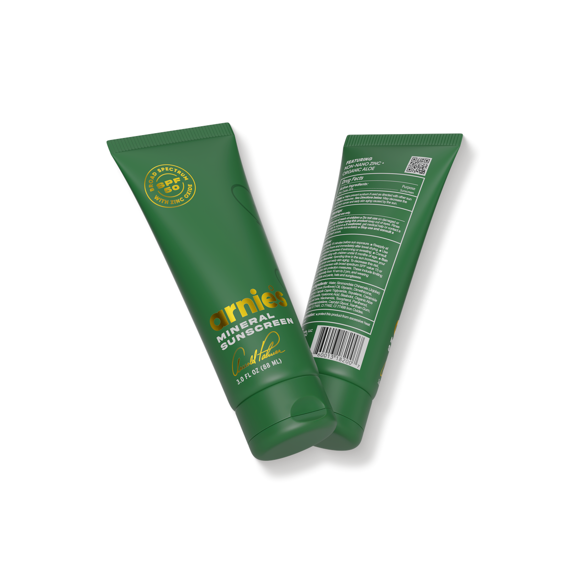 Arnie's Mineral Face Sunscreen tube shown front and back, with the Drug Facts panel and ingredient list visible.
