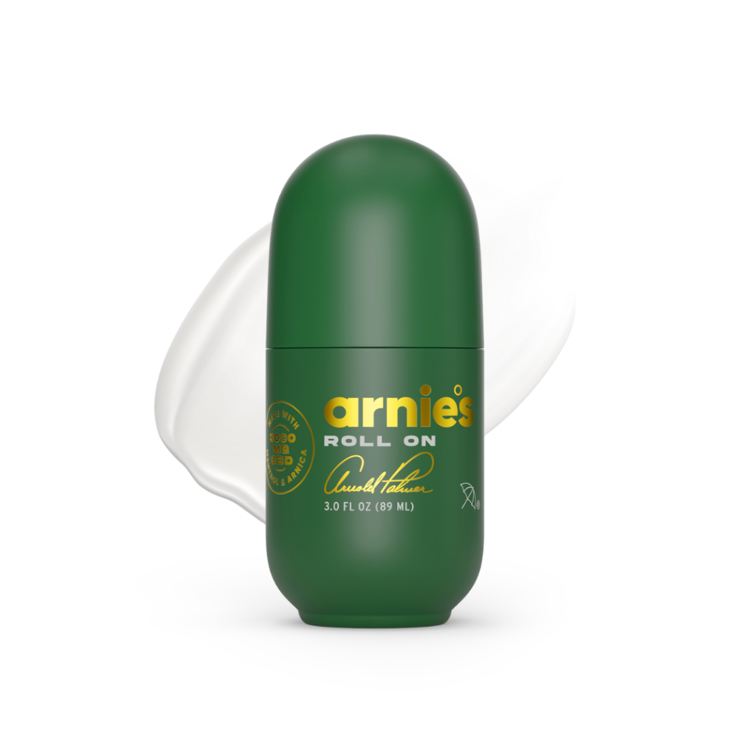 Green roll-on bottle with 'arnies' branding on a white background