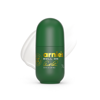 Green roll-on bottle with 'arnies' branding on a white background